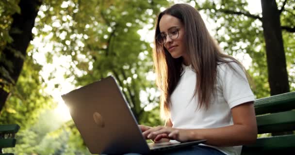 Travail de finition de femme sur ordinateur portable en plein air — Video