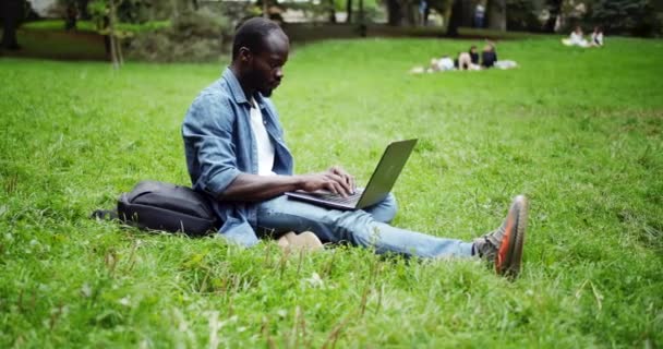 Uomo afro-americano in parco con computer portatile — Video Stock