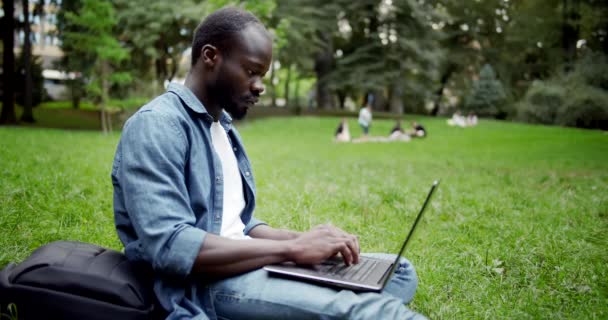 Glücklicher afrikanisch-amerikanischer Rüde mit Laptop — Stockvideo