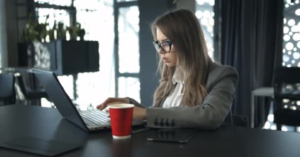 Señorita de negocios escribiendo en el portátil — Vídeos de Stock