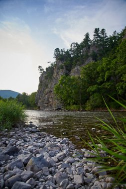 Nehir ve ağaçlarla kaplı dağ manzarası