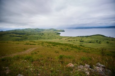 Yeşil çayırların ve denizin manzaralı manzarası