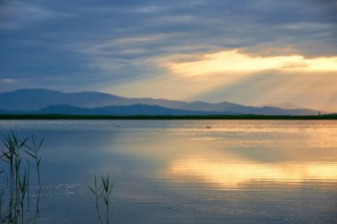 Yaz gölünün üzerinde güzel bir gün batımı.