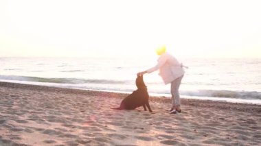 Sahilde çikolata labrador ile gündoğumu ışıkta oynarken erkek