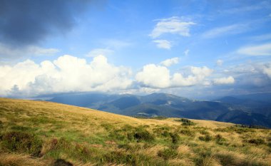 büyük beyaz bulutlar dağ tepe, sarı çim, sahne görünümü