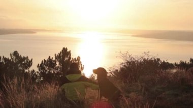 Onun erkek labrador köpek karşılamak gündoğumu göl üzerinde