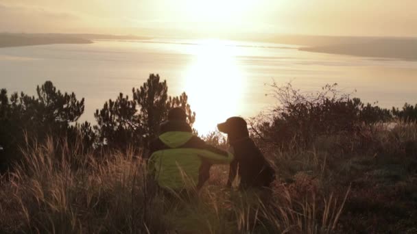 Rüde Mit Labrador Hund Trifft Sonnenaufgang Über Dem See — Stockvideo