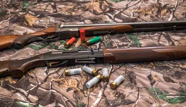 16 ve 12 ölçer ve kartuşları kamuflaj arka plan üzerinde iki av tüfeği