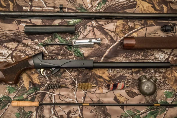 Disassembled Shotgun Cleaning Kit Camouflage Background — Stock Photo, Image