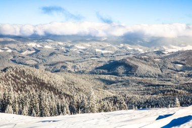 Kış dağlar karlı ormanla fırtınalı bulutların ufku üzerinde