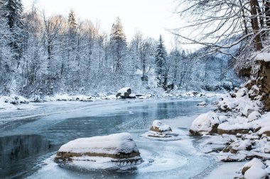 manzara mavi renk Ladin karlı ormandaki nehir donmuş dağ