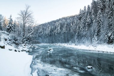 manzara mavi renk Ladin karlı ormandaki nehir donmuş dağ