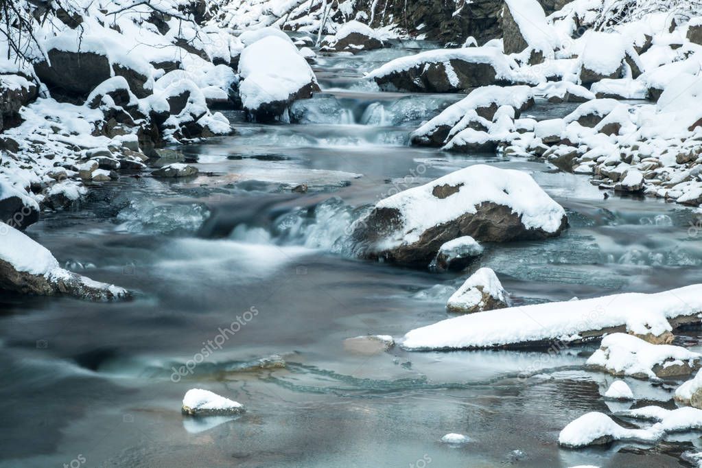 scenic blue color smooth frozen mountain creek