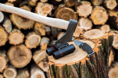 stump, arka planda çeşidinde balta, dürbün ve çakın davasında