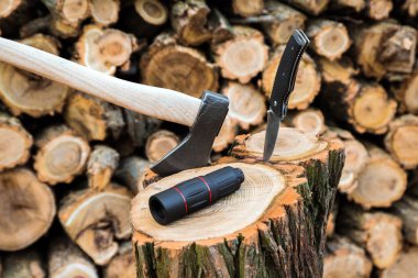 stump, arka planda çeşidinde balta, tek gözlük ve çakın davasında