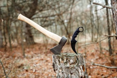 güdük ormanda balta ve karambit bıçak emmek