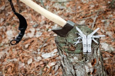 Balta, stump, sonbahar ormandaki multitool bıçak