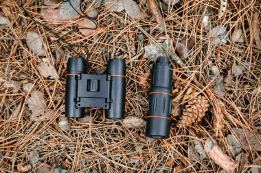 dürbün ve yerde tek gözlük ormandaki çam iğneleri ile kaplı