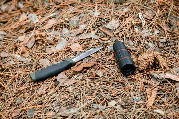 Monóculo e faca de caça no chão coberto com agulhas de pinheiro — Fotografia de Stock