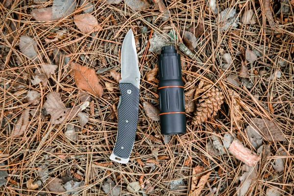Monóculo e canivete no chão coberto com agulhas de pinheiro — Fotografia de Stock