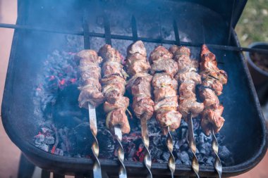 Metal şiş taze et üzerinde ızgara şiş kebap pişirme. Barbekü BBQ kavrulmuş sığır eti pişmiş