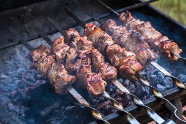 Metal şiş taze et üzerinde ızgara şiş kebap pişirme. Barbekü BBQ kavrulmuş sığır eti pişmiş