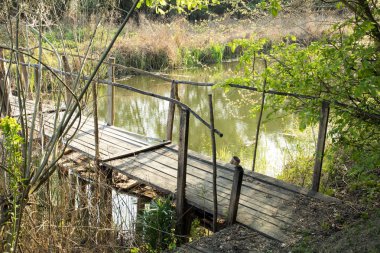 nehir üzerinde eski harap ahşap tahta köprü