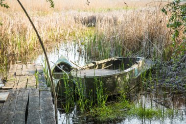 sazlikgölüzerinde bir kalas ahşap rıhtım yakınında eski tekneler