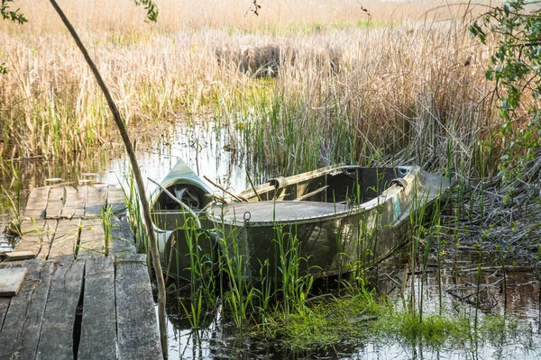 Vieux bateaux près d'une couchette en bois de planche sur le lac dans les roseaux — Photo