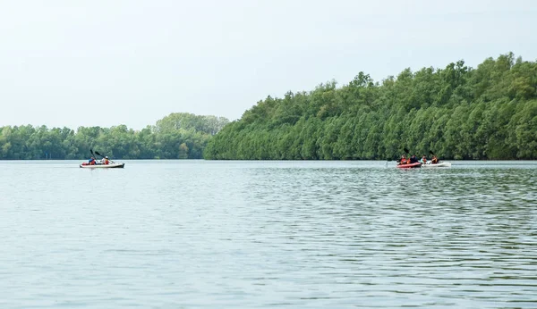 Kajaki wiosło wyprawy na szerokiej rzece. 28/04/2019. Dunaju. Ukraina/Rumunia — Zdjęcie stockowe