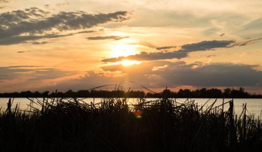 nehir tuna üzerinde güzel bulutlar ile doğal turuncu gün batımı, ön planda sazlık ve çim
