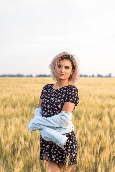 Joven mujer de pelo rizado bronceado en chaqueta de mezclilla y vestido en el campo de trigo maduro, la hora de la puesta del sol —  Fotos de Stock
