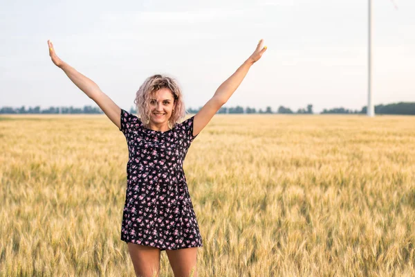 Genç, bronzlaşmış, kıvırcık saçlı kadın gün batımında olgunlaşmış buğday tarlasında olmaktan mutlu.