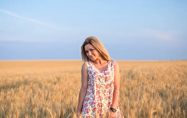 Jeune femme blonde rurale séduisante en robe sur le champ de blé jaune au coucher du soleil — Photo
