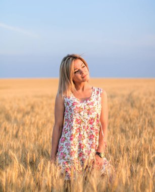 Günbatımında sarı buğday tarlasında giyinmiş genç, baştan çıkarıcı, kırsal sarı saçlı kadın.