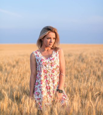 Günbatımında sarı buğday tarlasında giyinmiş genç, baştan çıkarıcı, kırsal sarı saçlı kadın.