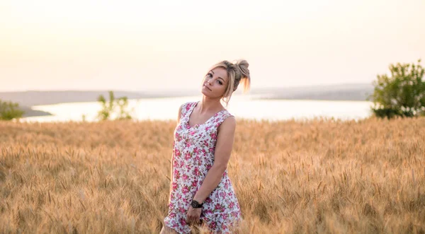 Jeune femme blonde rurale séduisante en robe sur le champ de blé jaune au coucher du soleil — Photo