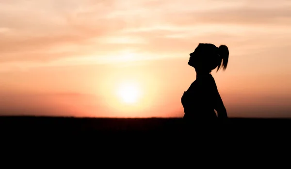 sunse üzerinde sarı buğday alanında elbise genç kırsal kadının silueti