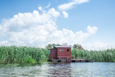 gölde kırmızı kabin, kabin etrafında yeşil kamış