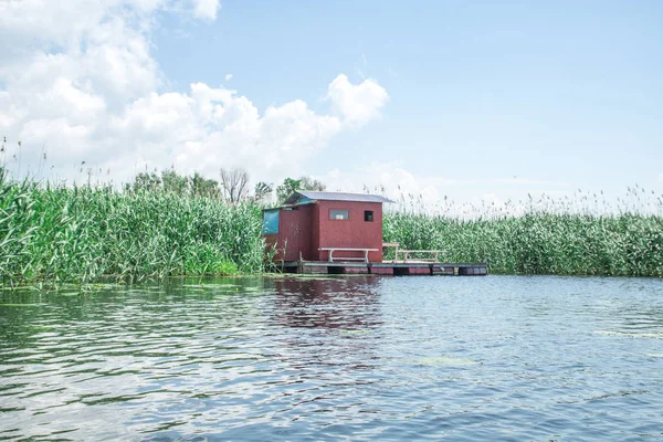 red cabin on the lake, green reed around the cabin