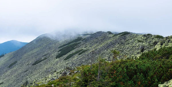 低い雲の中で緑の石のスクリーで覆われた山頂 — ストック写真