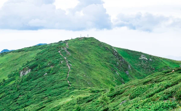 緑の山の尾根の頂上への道、山の頂上の国境ポスト — ストック写真