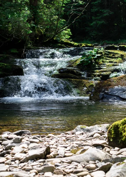 Kleine berg waterval met helder water dat stroomt in de vijver — Stockfoto