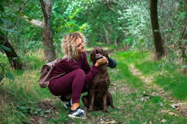 Sarışın kıvırcık kız yeşil sokaktaki sonbahar parkında çikolata labradoruyla oynuyor.