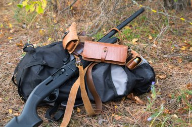 Shotgun mühimmat ve vintage palaska sonbahar çam ormanı içinde packpack üzerinde
