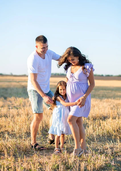 Happy Young Family Field Pregnant Wife Little Girl Hugs Father — Stock Photo, Image