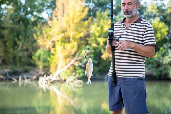 Pensionerad Man Hålla Fiskespö Med Fisk Kroken Hösten Färger Floden — Stockfoto