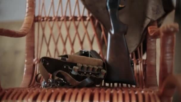 Cartridge Belt Gauge Hunting Rifle Rocking Chair Skin Bear Hangs — Stock Video