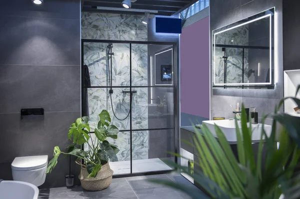 Сучасний Інтер Ванної Кімнати Зеленим Прикрасою Рослин — стокове фото