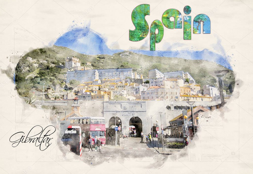 Gibraltar in a watercolor style. Spain 